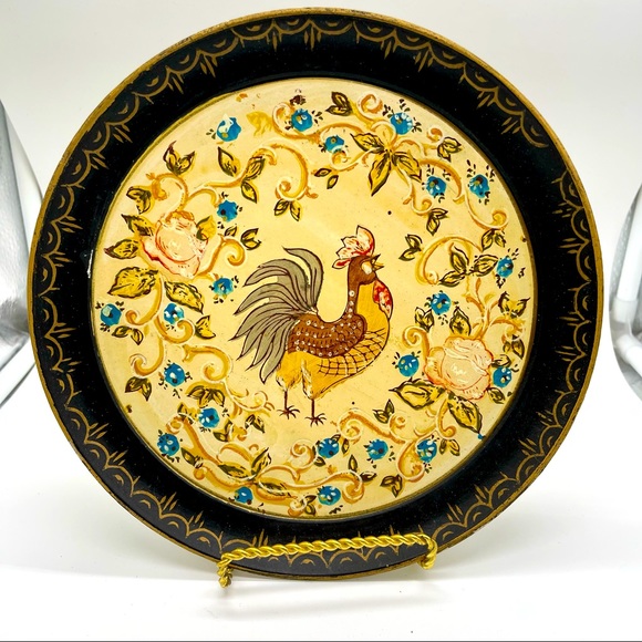 Vintage Hand Painted Decorative Plate Rooster Floral Round Black and Gold Trim
